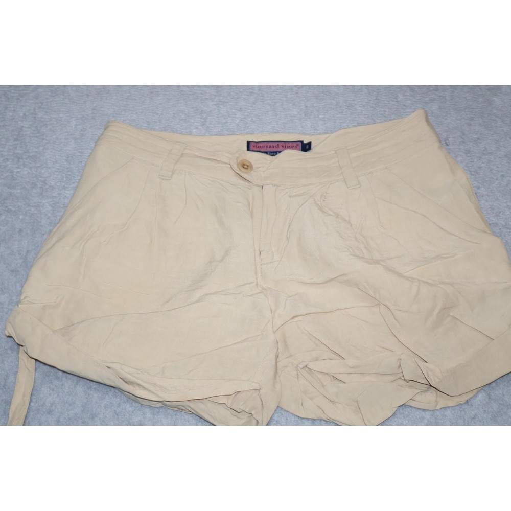 Vineyard Vines Shorts Women 2 Tan Linen Silk Blend Side D-Ring Cuffed Hawaiian